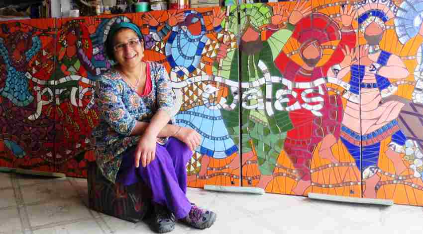 Caroline Jariwala with her mosaic artwork at the Prince of Wales pub in West Bromwich