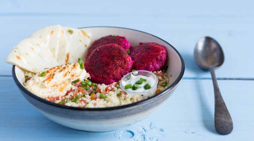 Baked beetroot feta falafels with hummus pita & tabouleh